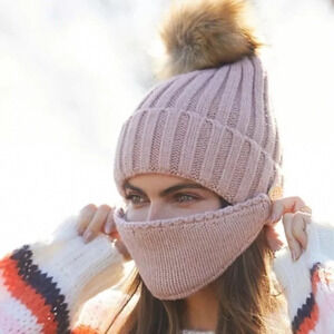Anthropologie Faux Fur Pom  Beanie With Mask